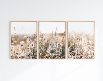 Wildflowers Set of 3 Photography: Muted Floral Landscape Wall Art, Neutral Nature Boho Prints (Printable)