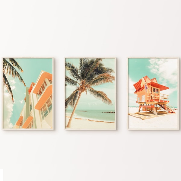 Ensemble de 3 estampes de Miami, photographie de Floride, IMPRIMABLE Pastel Miami Beach 3 pièces Wall Art, Palm Tree Print, Lifeguard Tower Large Wall Art