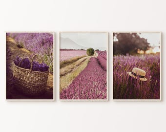 Conjunto de 3 impresiones digitales de campos de lavanda, flores moradas, arte mural grande de 3 piezas, decoración rústica de primavera, fotografía provenzal.