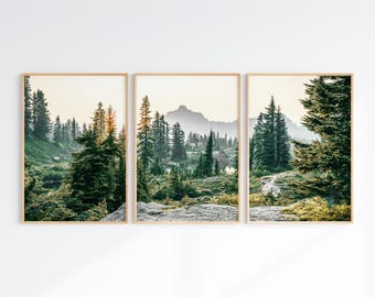 Mountain Set of 3 Prints, Printable Nature Landscape 3 Pieces Wall Art, Green Nature Photography Set, Nordic Forest Poster, Digital Download