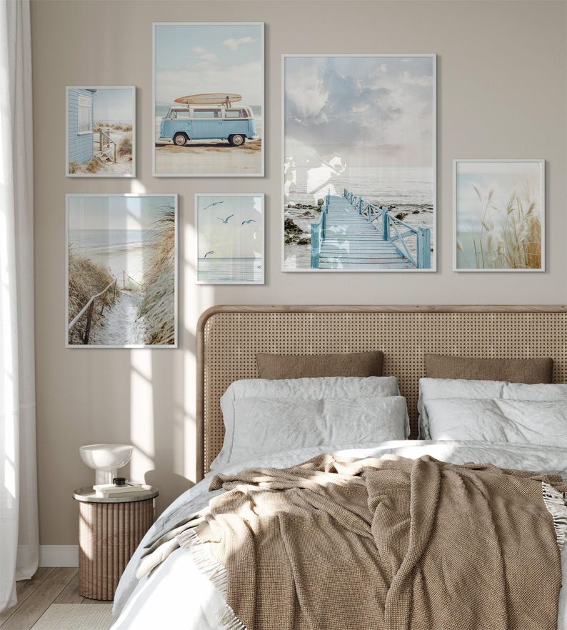 Pacchetto di stampe costiere, stampe artistiche da parete in stile boho per la spiaggia, set di fotografie dell'oceano, decorazioni estive per cottage sulla spiaggia, poster mediterraneo dai colori pastello immagine 7