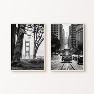 San Francisco Set of 2 Prints, Golden Gate Bridge Poster, Cable Car DIGITAL Print, San Francisco Black and White 2 Pieces Large Wall Art