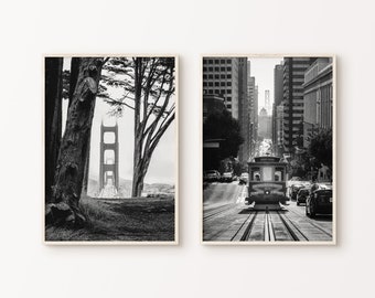 San Francisco Set of 2 Prints, Golden Gate Bridge Poster, Cable Car DIGITAL Print, San Francisco Black and White 2 Pieces Large Wall Art