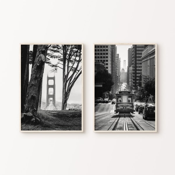 San Francisco Set of 2 Prints, Golden Gate Bridge Poster, Cable Car DIGITAL Print, San Francisco Black and White 2 Pieces Large Wall Art