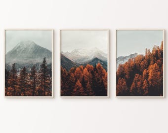 Set di 3 stampe "Foresta di montagna autunnale", poster "Montagna autunnale", 3 pezzi di "Foresta nebbiosa" da parete, set di stampe fotografiche naturalistiche nordiche stampabili