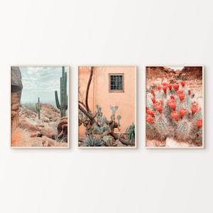 Printable Desert 3 Pieces Large Wall Art, Soft Pastel Arizona Desert Set of 3 Photography, Saguaro Cactus Desert Wall Set, Nature Desert Art