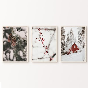 Winter Theme Prints Set of 3, Printable Nordic Wall Art, Snowy Christmas Poster, Winter Forest 3 Pieces Wall Art, Nature Photography Print
