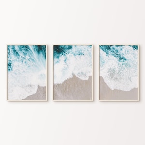 Ocean Waves Set of 3 Split Print, Printable Coastal Photography, Modern Ocean Poster, Beach Large 3 Pieces Wall Art, Aerial Beach Print