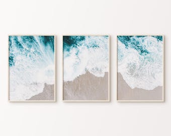 Ocean Waves Set of 3 Split Print, Printable Coastal Photography, Modern Ocean Poster, Beach Large 3 Pieces Wall Art, Aerial Beach Print