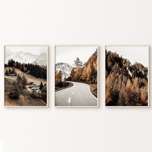 Berglandschaft 3er Set Druckbare Fotografie, Nordischer Wald 3 Stück große Wandkunst, Bergstraße Poster, Natur Digitaldrucke Set