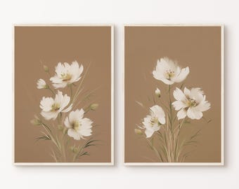 Set of 2 Neutral Flowers Prints, PRINTABLE Floral Branch Painting, Botanical 2 Pieces Wall Art, Farmhouse Wall  Decor
