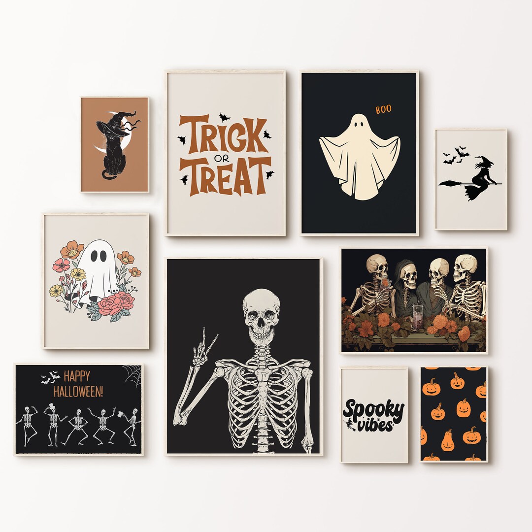Halloween Gallery Wall Set of 10 Prints, Funny Skeleton Print, Spooky ...