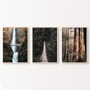 Lot de 3 impressions numériques nature, grande art mural imprimable cascades de Multnomah de l'Oregon, affiche pont tibétain, forêt ensoleillée 3 pièces