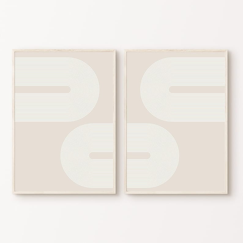 Set of 2 Neutral Boho Prints, Printable Mid-Century Modern 2 Pieces Wall Art, Beige Wall Prints, Abstract Boho Wall Decor, Digital Download