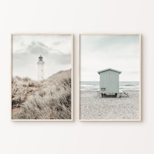 Set of 2 Moody Coastal Photography, Nordic Beach Print, Beach Cottage Decor, Muted Ocean 2 Pieces Large Wall Art, Neutral Seascape Print
