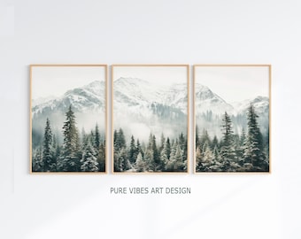 Mountain Forest Wall Art Set of 3, Printable Foggy Pine Tree Landscape Poster, Misty Nature Triptych Painting Decor