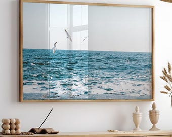 Coastal Print, Ocean Waves Large Wall Art, PRINTABLE Coastal Photography, Seagull Wall Art, Beach Digital Download Print, Seascape Poster