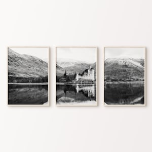 Scotland PRINTABLE Split Photography, Nordic Nature Black and White Set of 3 Prints, Lake Landscape 3 Pieces Wall Art, Scotland Castle Photo