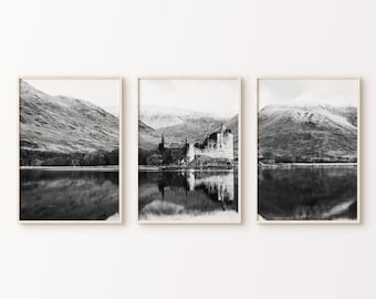 Scotland PRINTABLE Split Photography, Nordic Nature Black and White Set of 3 Prints, Lake Landscape 3 Pieces Wall Art, Scotland Castle Photo