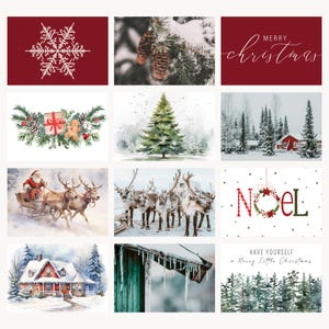 Pu&ograve; includere: Un collage di immagini a tema natalizio. Include un fiocco di neve, pigne, un saluto "Buon Natale", un regalo con vegetazione, un albero di Natale, una baita innevata, Babbo Natale su una slitta, renne, un cartello "Noel", una casa innevata, ghiaccioli e una scena di foresta.