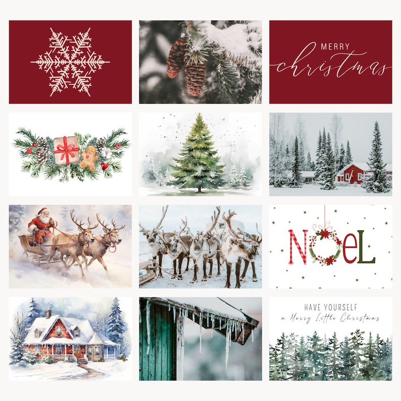 Pu&ograve; includere: Un collage di immagini a tema natalizio. Include un fiocco di neve, pigne, un saluto "Buon Natale", un regalo con vegetazione, un albero di Natale, una baita innevata, Babbo Natale su una slitta, renne, un cartello "Noel", una casa innevata, ghiaccioli e una scena di foresta.