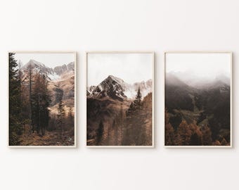 Printable Mountains Set of 3 Prints, Winter Mistic Forest 3 Pieces Large Wall Art, Foggy Nordic Landscape Poster, Nature Photography Set