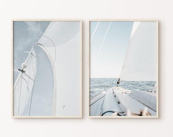 Printable Sailing Set of 2 Photography, Wooden Boats Print, Coastal Wall Art, Nautical Large Wall Art, Seascape Poster, Beach Cottage Decor
