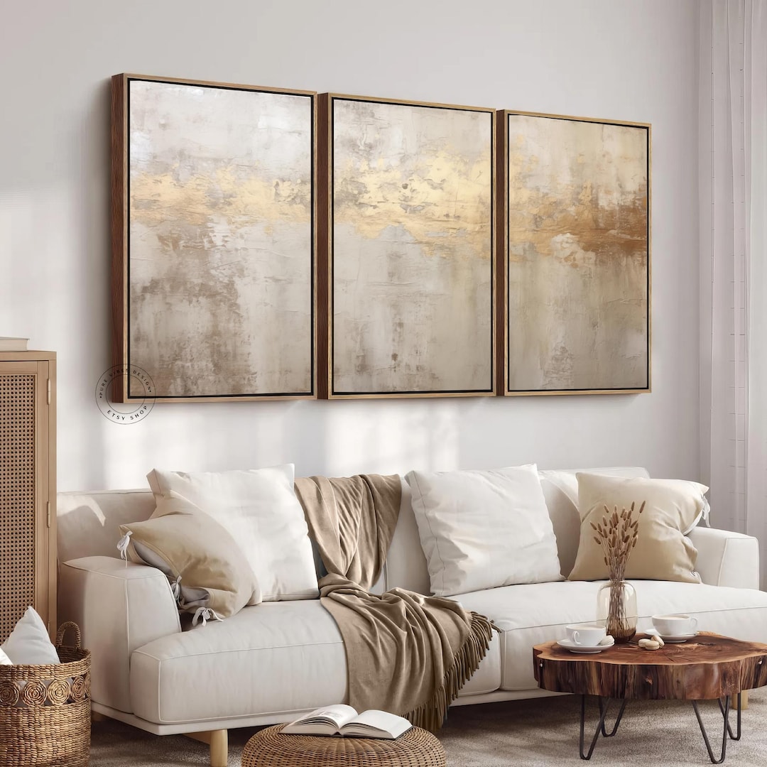 Neutral Abstract Prints Set of 3, Modern Beige Gold Wall Art (digital ...