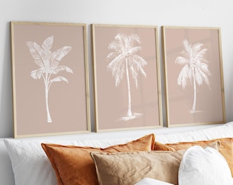Arte mural de palmeras, conjunto imprimible de 3 láminas costeras, arte minimalista de palmeras, póster tropical, decoración de cabaña de playa, descarga digital