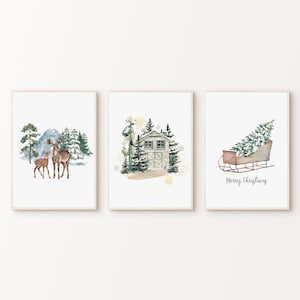 Christmas Set of 3 Prints, PRINTABLE Winter Theme Wall Art, Posters for Holiday Decor, Christmas Gallery Wall Set, Winter Farmhouse Decor