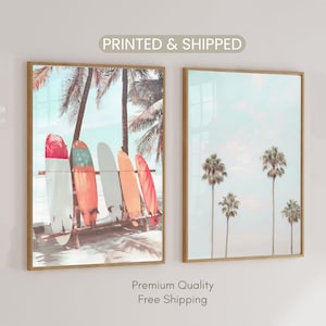Coastal Wall Art, Set of 2 Tropical Prints, Palm Tree Photography, Surfboard Poster, Beach Cottage Decor, Mailed Art Prints
