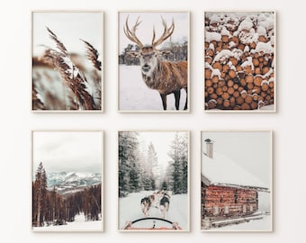 Lot de 6 impressions murales de galerie d'hiver, art mural nordique imprimable, affiche de Noël enneigée, photos d'hiver, impression de photographie 6 pièces nature