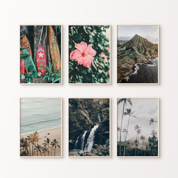 Printable Hawaii Set of 6 Photography, Hawaii Large 6 Pieces Wall Art, Hawaiian Islands Gallery Set, Tropical Wall Art, Surf Board Print