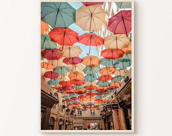 Printable Paris Photography, Paris Street Colorful Wall Art, Pastel Umbrella Prints, City Large Wall Art, Europe Travel Poster
