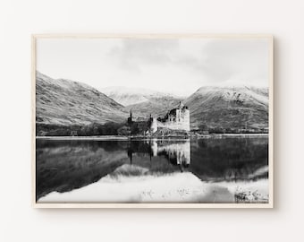 Scotland Printable Photography, Nordic Nature Black and White DIGITAL Print, Lake Landscape Wall Art, Scotland Castle Wall Art