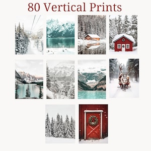 Pu&ograve; includere: Collezione di otto stampe verticali con paesaggi invernali. Le immagini includono montagne innevate, baite, laghi e una slitta trainata da renne. Il testo "80 Vertical Prints" &egrave; in alto in rosso.