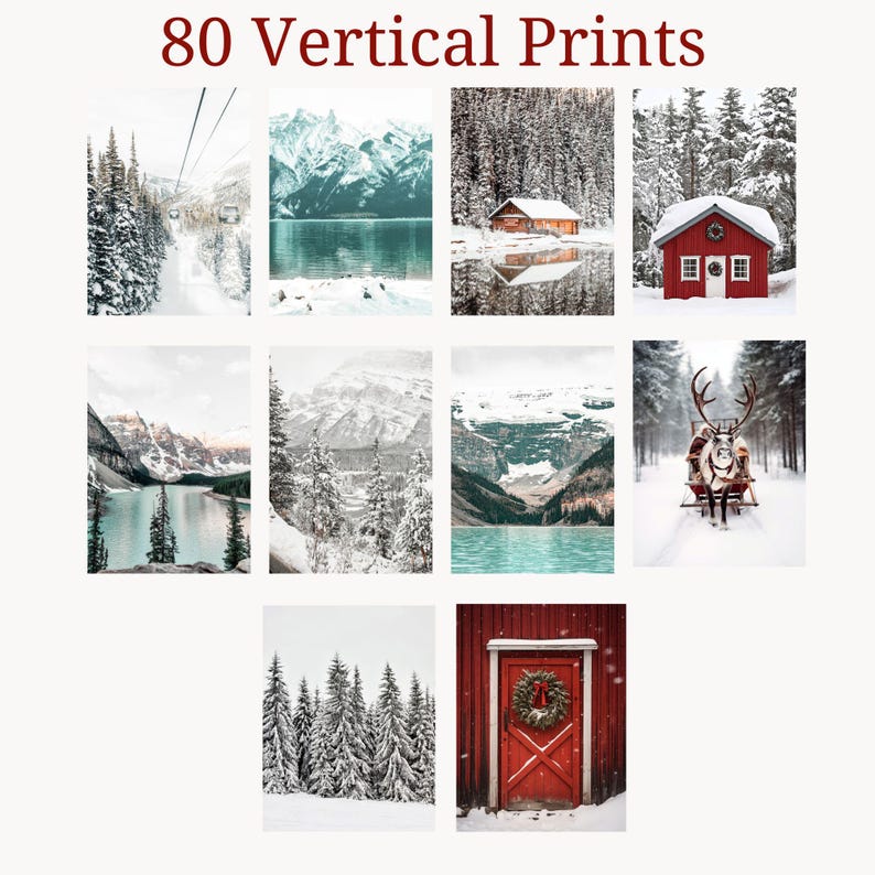 Pu&ograve; includere: Collezione di otto stampe verticali con paesaggi invernali. Le immagini includono montagne innevate, baite, laghi e una slitta trainata da renne. Il testo "80 Vertical Prints" &egrave; in alto in rosso.