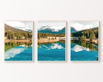 Mountain Landscape Printable Set of 3 Prints, Mountain Forest Poster, Fall Forest 3 Pieces Wall Art, Autumn Lake Split Photography