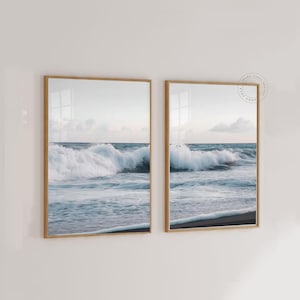 Coastal Prints Set of 2, Ocean Waves Large Wall Art, PRINTABLE Coastal Photography Print Set, Dark Beach Print, Seascape Poster