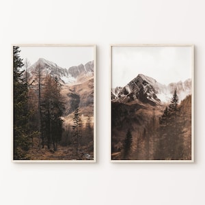 Set von 2 Winter Berg druckbare Fotografie, Nebel Wald 2 Stück große Wandkunst, neblige nordische Landschaft Poster, Natur Drucke Set