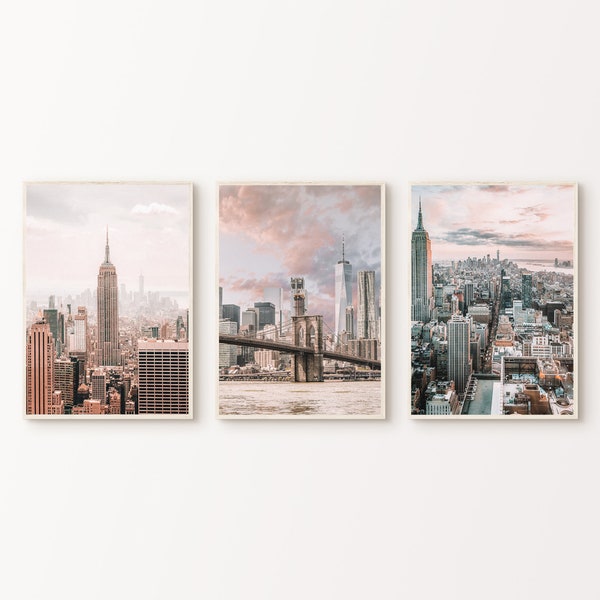 Afdrukbare Blush New York Set van 3 fotografie, NYC Gallery Wall, NYC 3 Piece Large Wall Art, New York City Digital Print, New York Poster