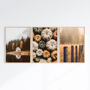 Autumn Wall Art, Fall Landscape Set of 3 Prints, Printable Autumn Poster, Farmhouse Decor, Mountain Forest Art, Pumpkins Photography