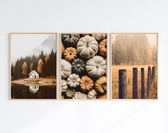 Autumn Wall Art, Fall Landscape Set of 3 Prints, Printable Autumn Poster, Farmhouse Decor, Mountain Forest Art, Pumpkins Photography