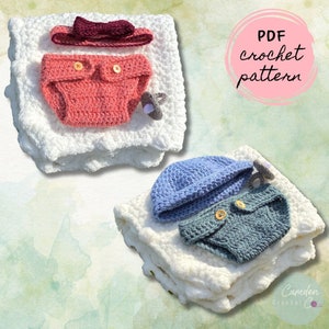 May include: PDF crochet pattern for a baby outfit set. The set includes a hat, diaper cover, and a pacifier. The outfit is available in two colors: pink and blue.