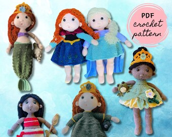 Sechs Prinzessinnen Puppen Bundle Häkelanleitungen | Eis, Arendelle, Meerjungfrau, Schottisch, Frosch, Inselprinzessinnen | PDF Digitales Schnittmuster | German