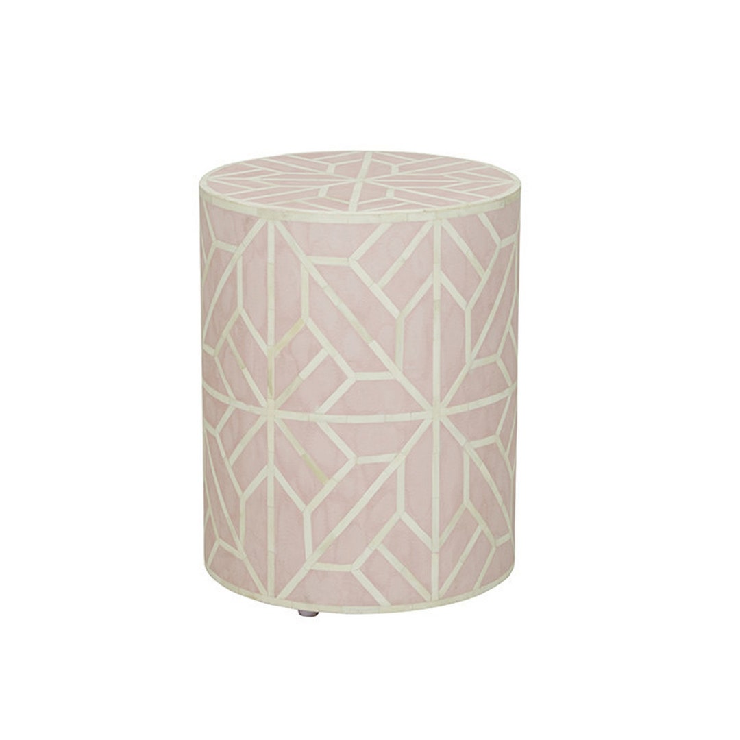 Bone Inlay Geometric Design Round End Table Light Pink, Bone Inlay ...