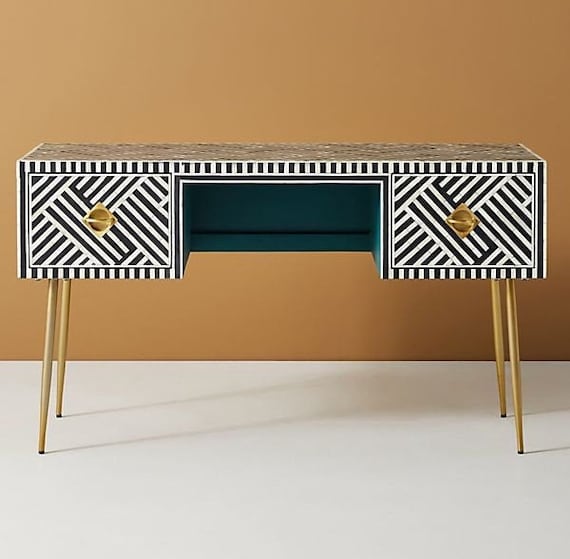 Bone Inlay Optical Design Console Table Black Bone Inlay Optical Design Console Table, 7 Inch Depth Console Table Dimensions