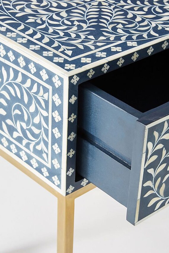Home & Living Bone Inlay Floral Design Nightstand Table Blue Bone Inlay ...