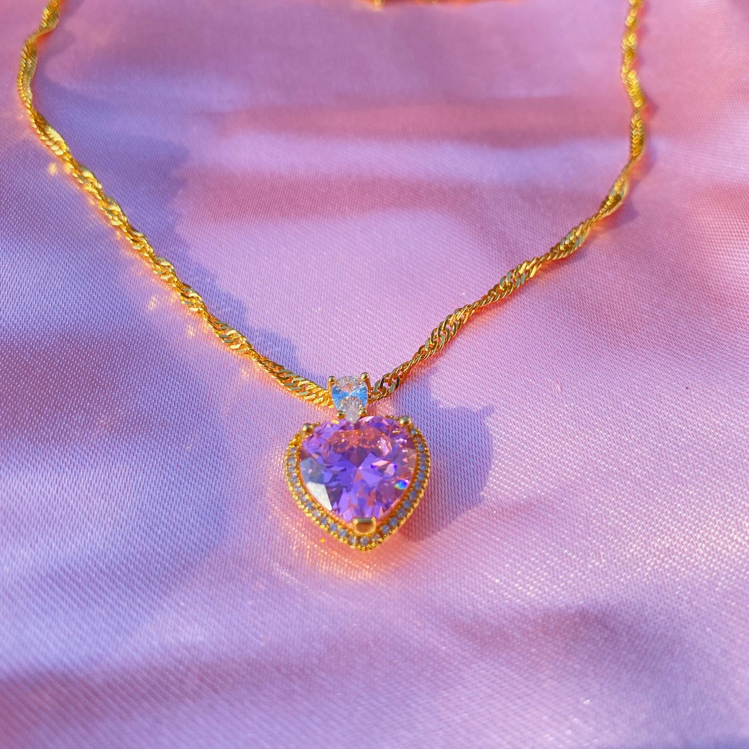 Romantic Diamond CZ Heart Pendant Gold Filled Necklace Pink Heart ...