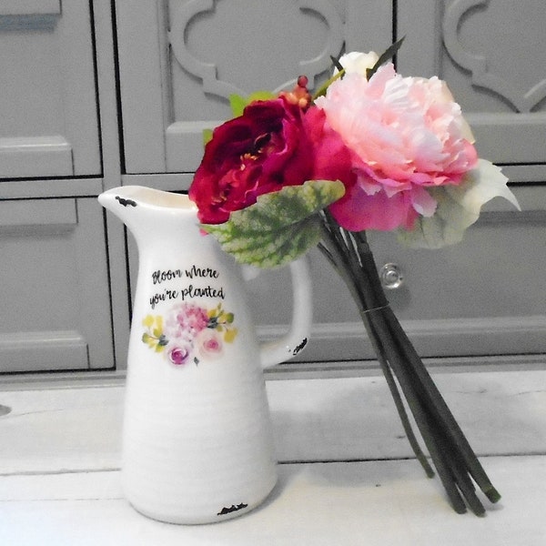 Tickled Pink Ceramic Pitcher With Bouquet Cabbage, Rose, Camellia, Peony